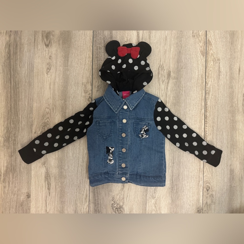 Disney Girls Denim Jean Jacket with Black Polka Dot Minnie Hood and Red Bow
